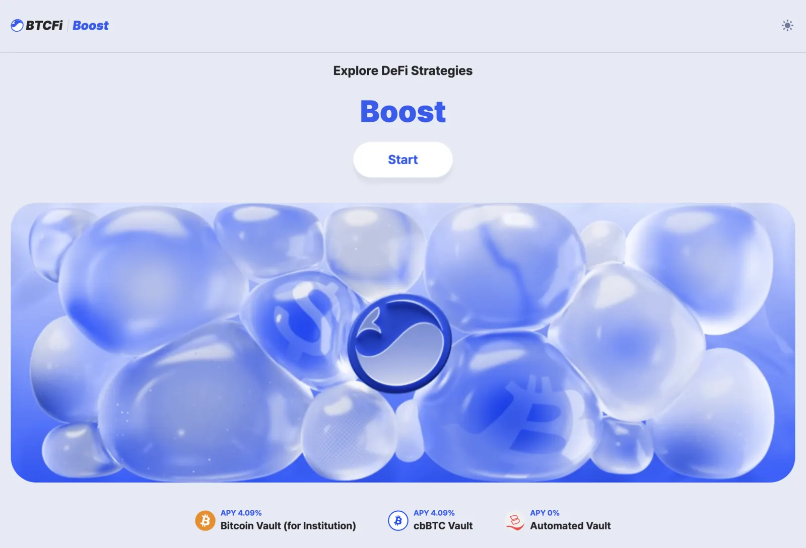 BTCFi Boost strategy discovery page with vault options