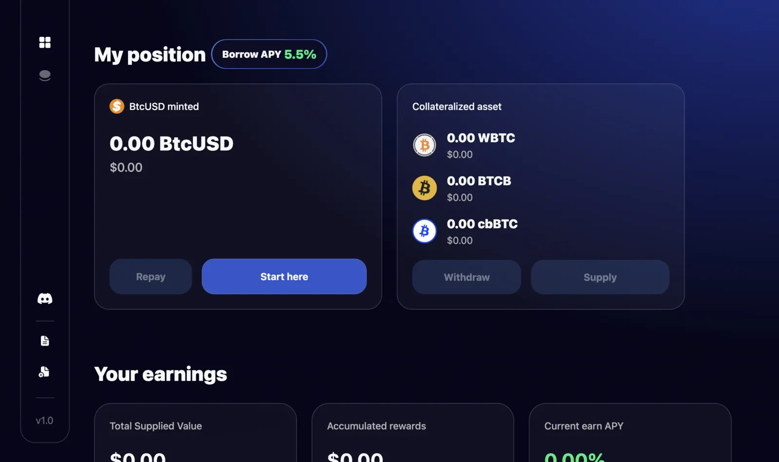 BTCFi dashboard showing a BtcUSD position and Bitcoin collateral