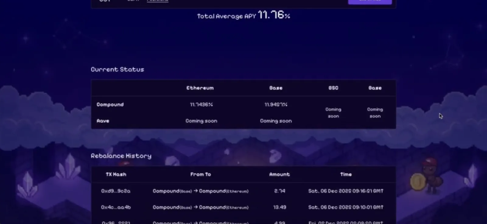 Memekathon prototype showing cross-chain positions and historical rebalance records