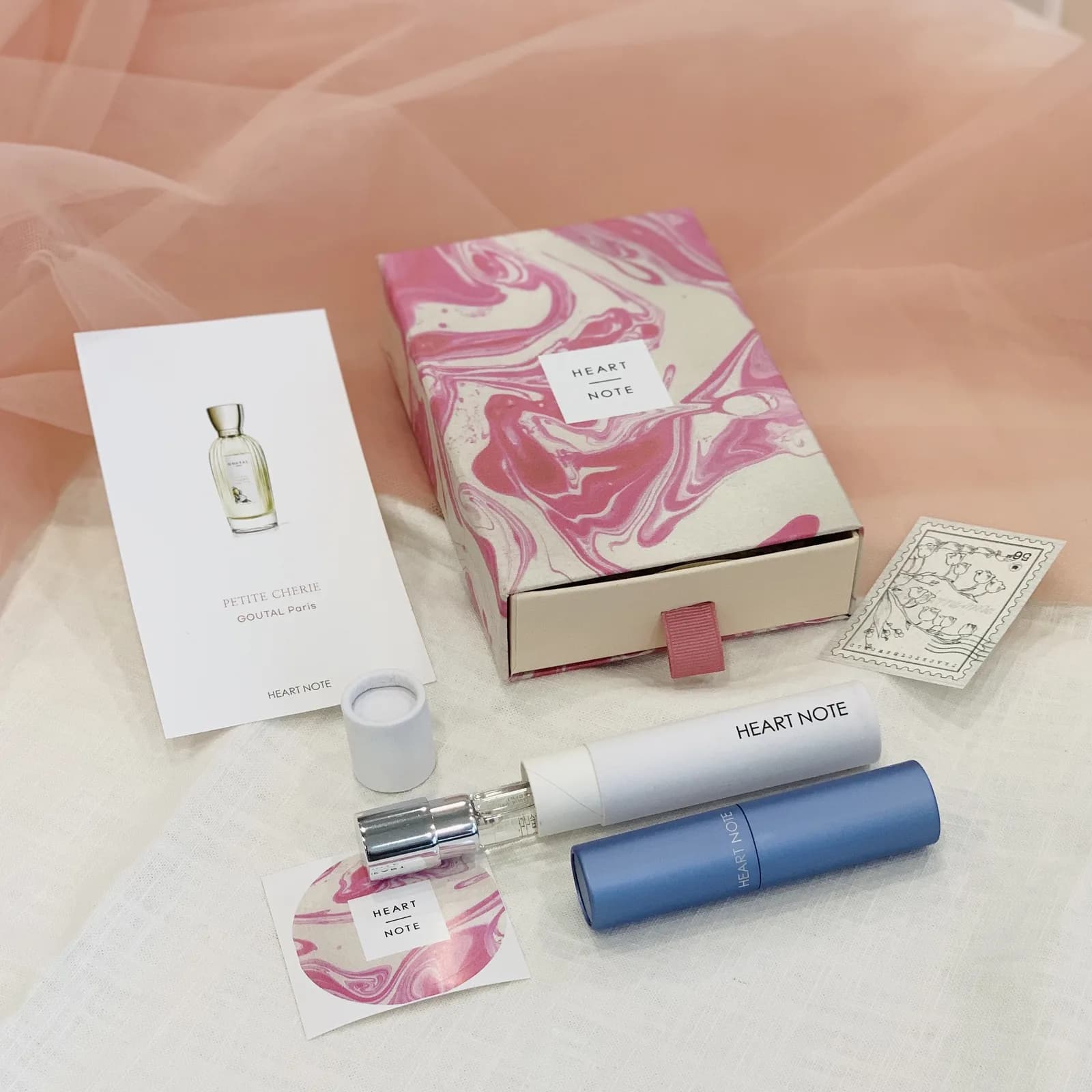 Delivered Heartnote fragrance subscription package and travel atomizers