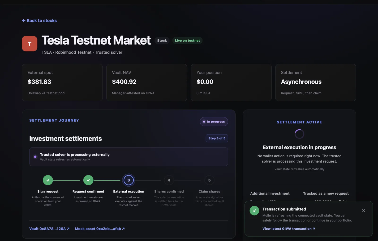 Mulle testnet market tracking external execution during asynchronous settlement