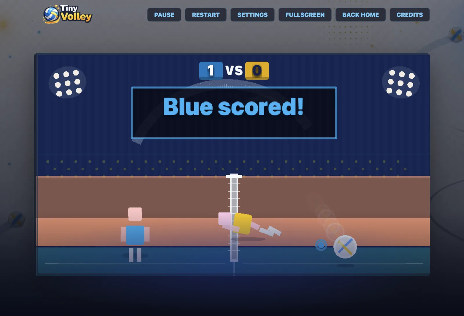 Tiny Volley match with synchronized score, players, ball, and controls