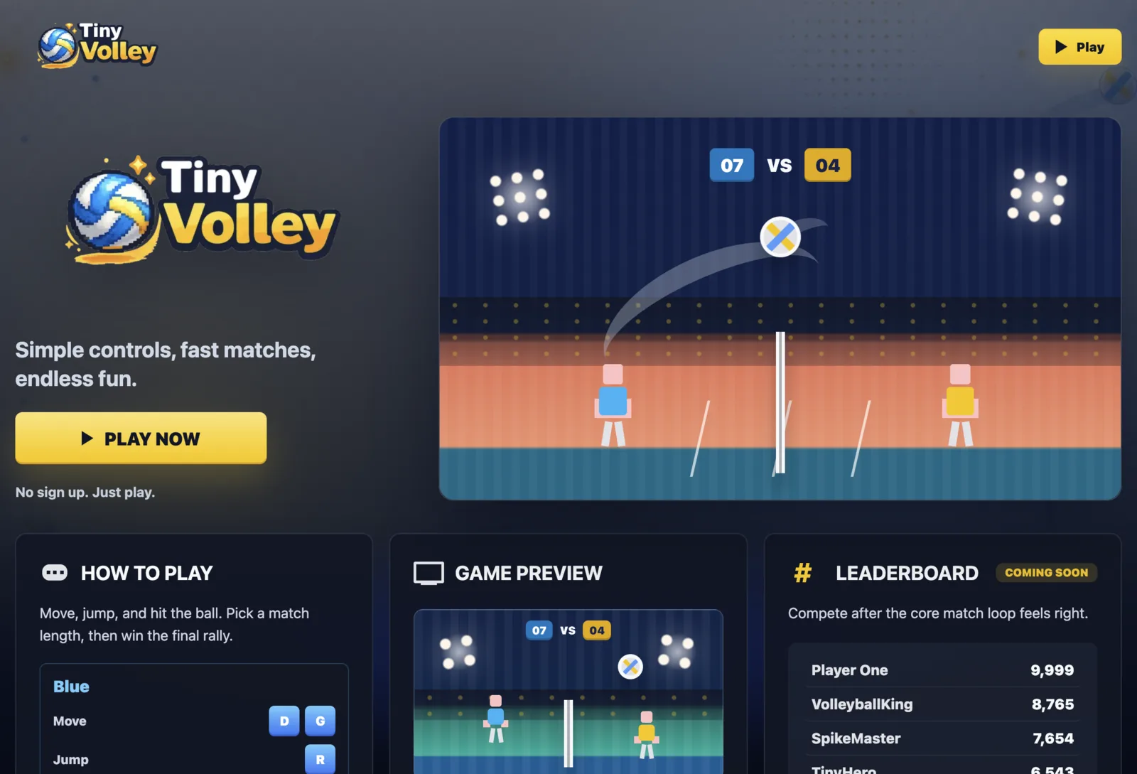 Tiny Volley landing page with game preview and local play controls