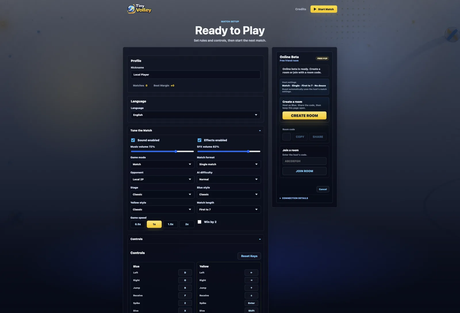 Tiny Volley setup page with controls, match rules, and WebRTC room options
